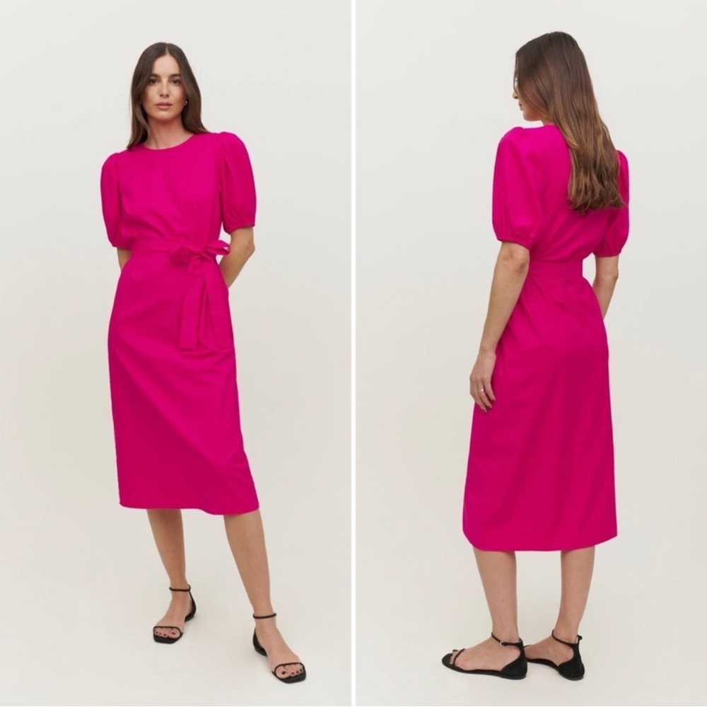 New Reformation Rita Puff Sleeve Belted Midi Dress in Corvette Pink | S